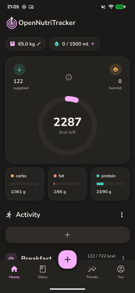 OpenNutriTracker home screen, dark theme