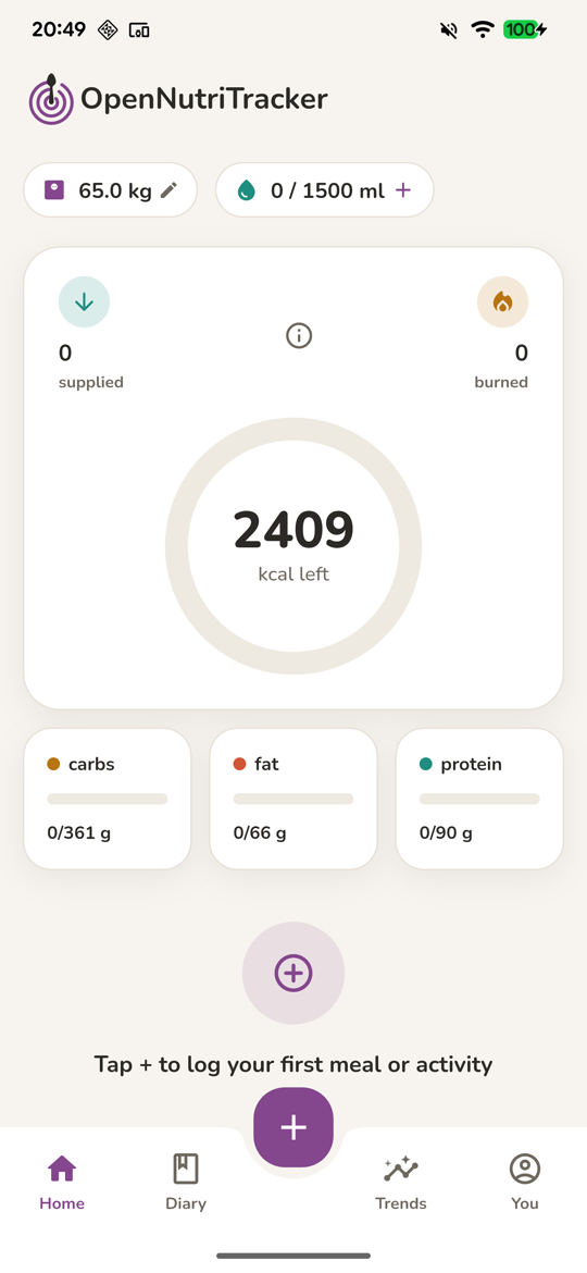 OpenNutriTracker home screen, light theme